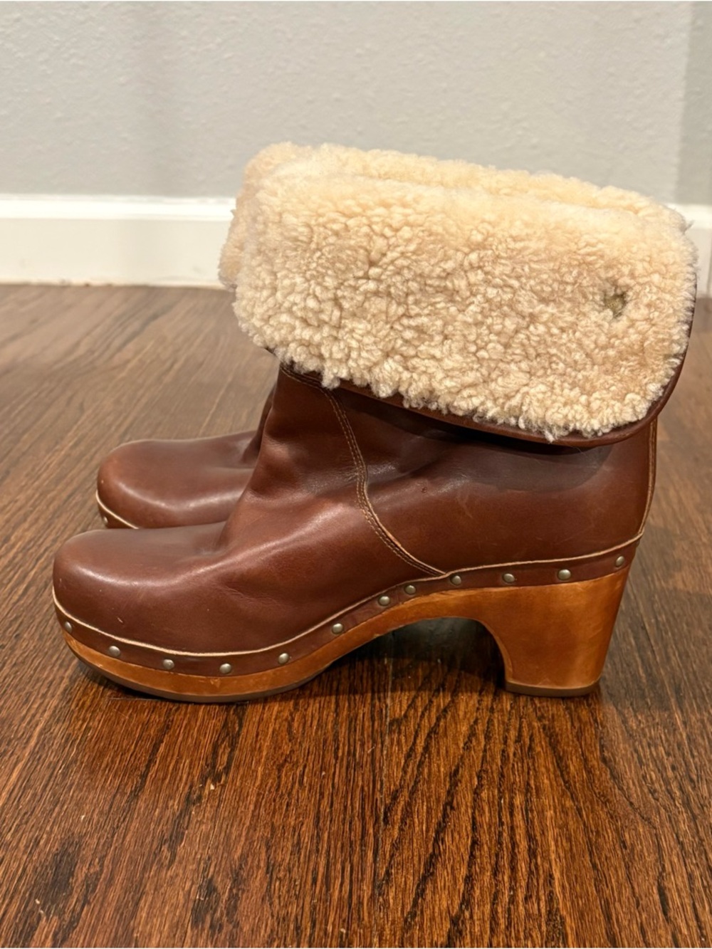 UGG Brown Leather Shearling Cuff Clog Booties